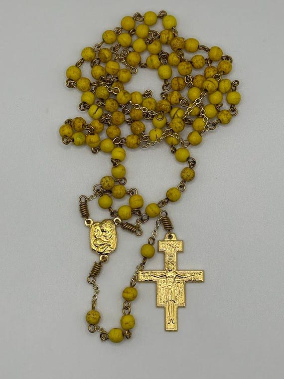 26.5" yellow howlite 7 decade crown rosary with Holy Family/Holy Spirit center and San Damiano crucifix