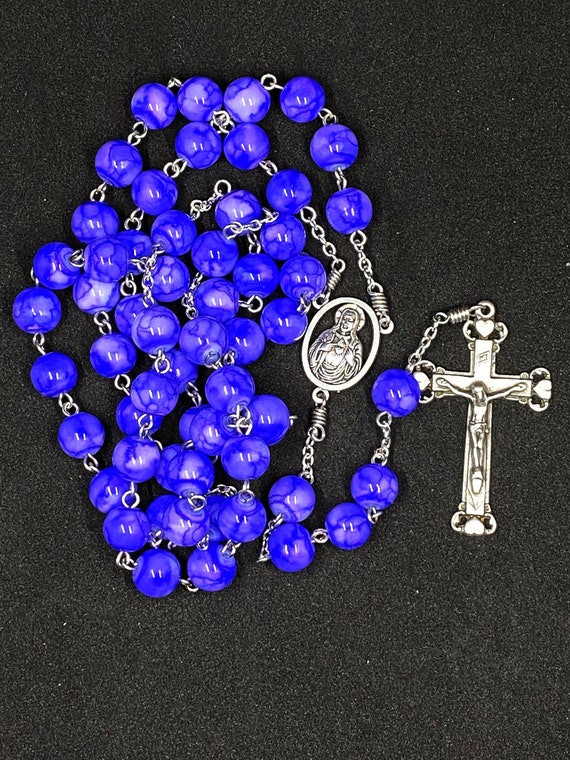 26" blue marble bead rosary with Sacred Heart center