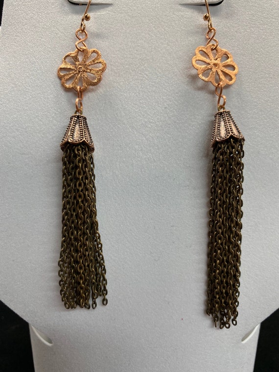 Copper flower and brass chain tassel earrings
