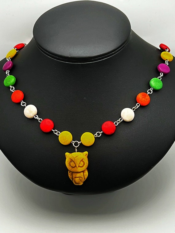 21" yellow howlite owl necklace