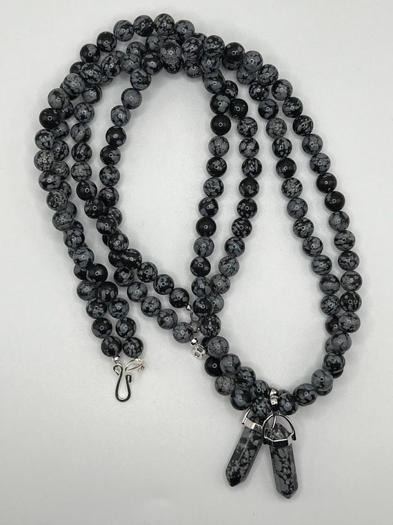 26" snowflake obsidian beaded necklace with point