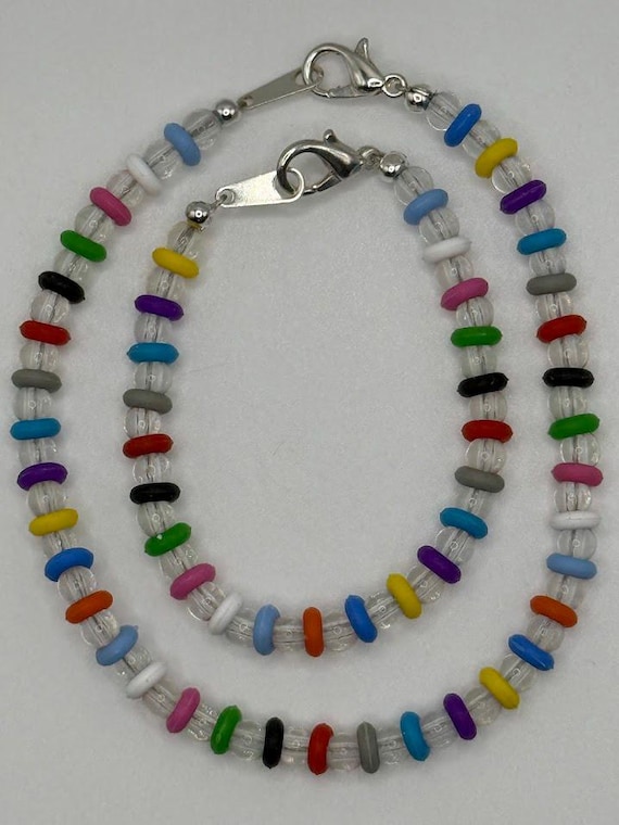 Rainbow of rubber rings and clear beads bracelet (2 sizes)