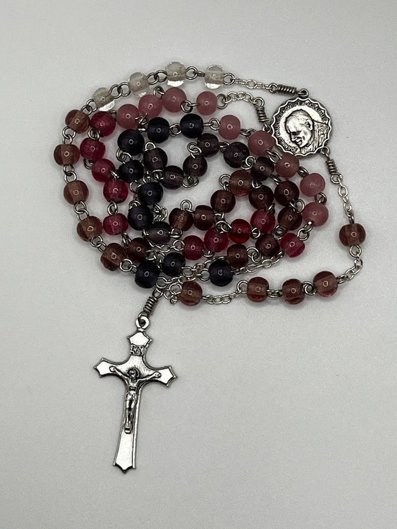 21" purple/pink gradient glass bead rosary with Pope JPII/Holy Spirit center