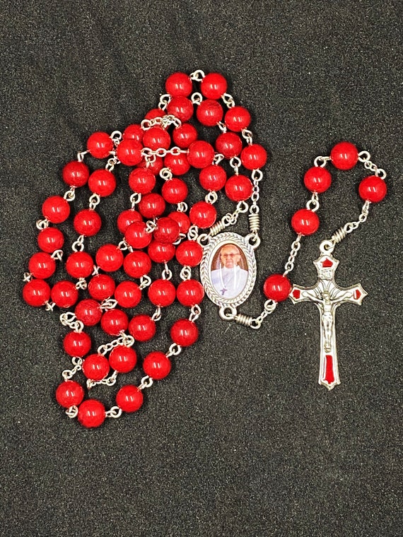 23.5" red agate bead rosary with Pope Benedict center and enamel crucifix