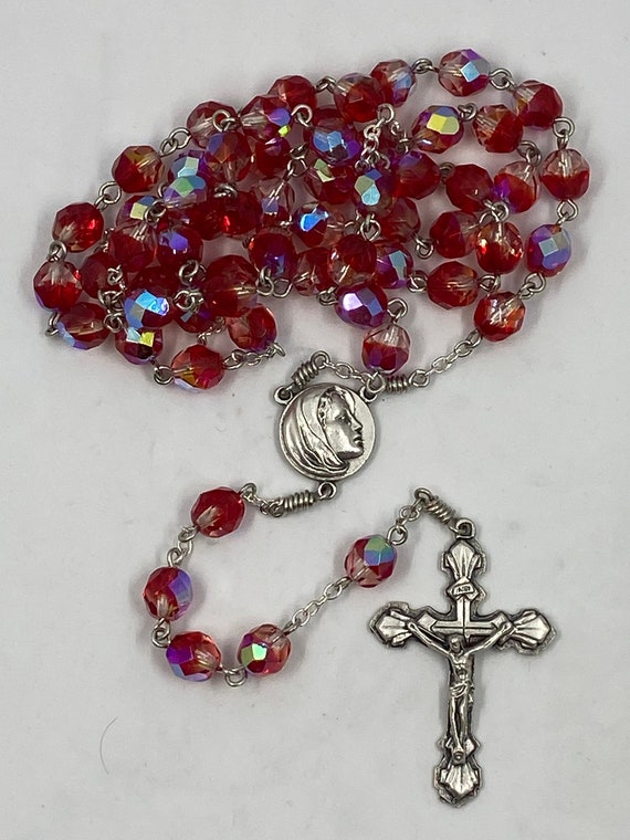 23.5" red fire polished glass bead rosary with Madonna center