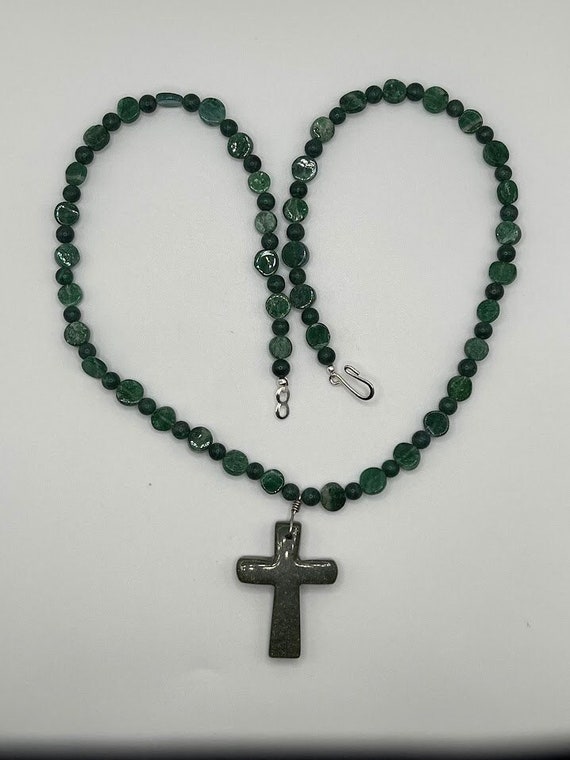 24" green onyx and malachite necklace with cross drop