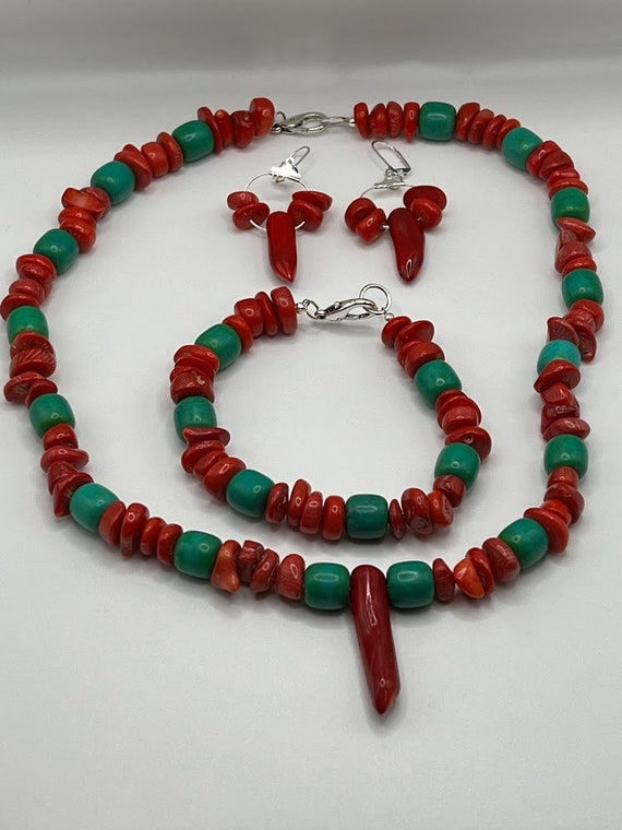 Bamboo coral and magnesite necklace, bracelet, and earring set