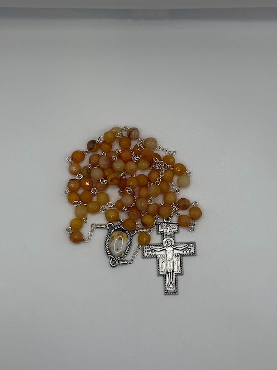 25" faceted golden quartz bead rosary with Pope Francis center and San Damiano crucifix