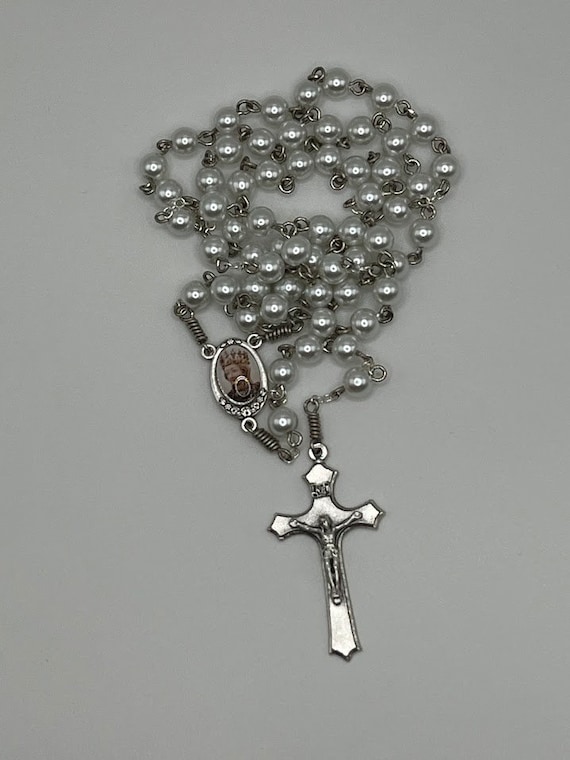 19.5" cool white Swarovski pearl bead rosary with St Agatha center