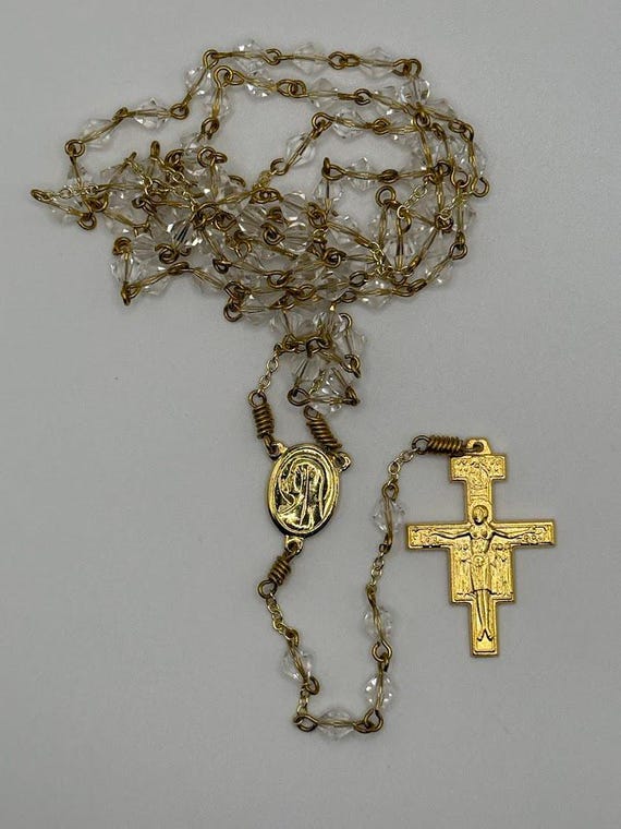 28" clear glass bead 7 decade crown rosary with Madonna/Sacred Heart center and San Damiano crucifix