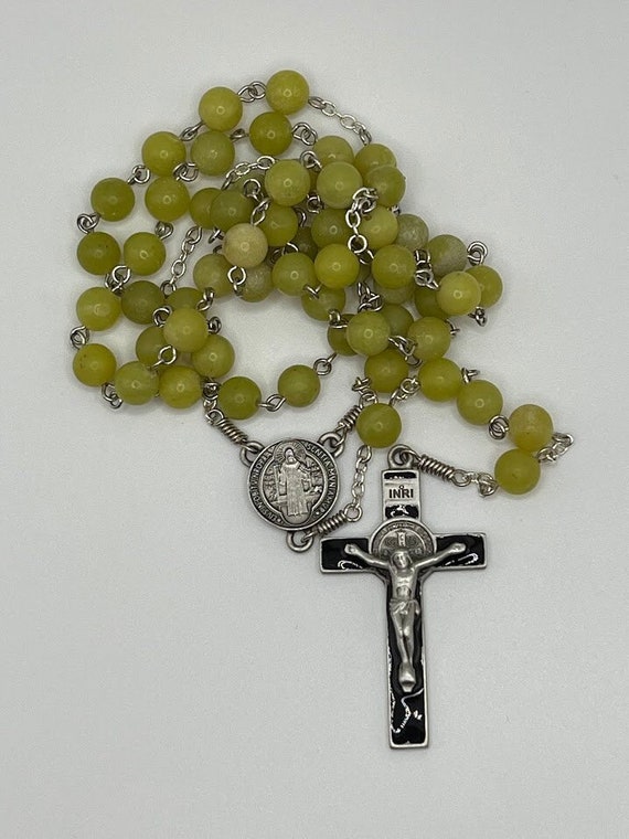 25" peridot jasper bead rosary with St. Benedict center and crucifix set