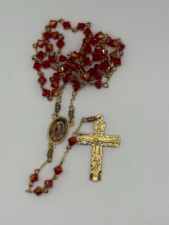 21.5" red Swarovski crystal bead rosary with Our Lady of Guadalupe center and Holy Trinity crucifix