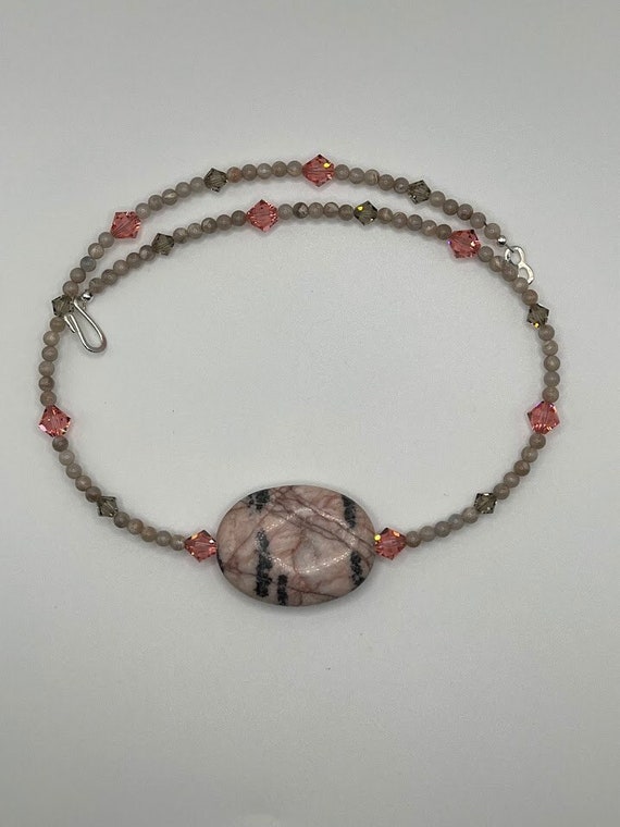 19" rhodonite oval with gray beads, pink and gray crystal necklace