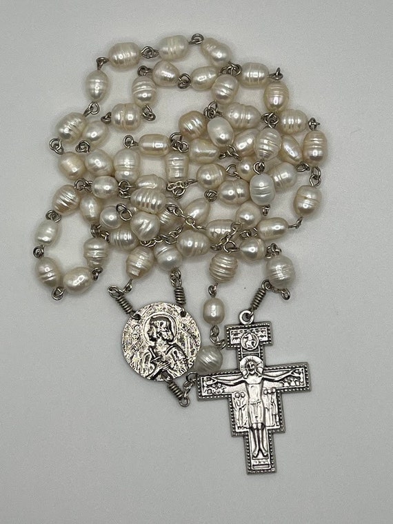 26.5" white potato pearl rosary with St. Joan of Arc center and San Damiano crucifix