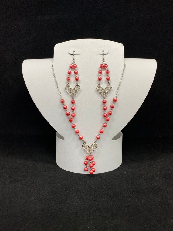 17" red pearl necklace and earring set