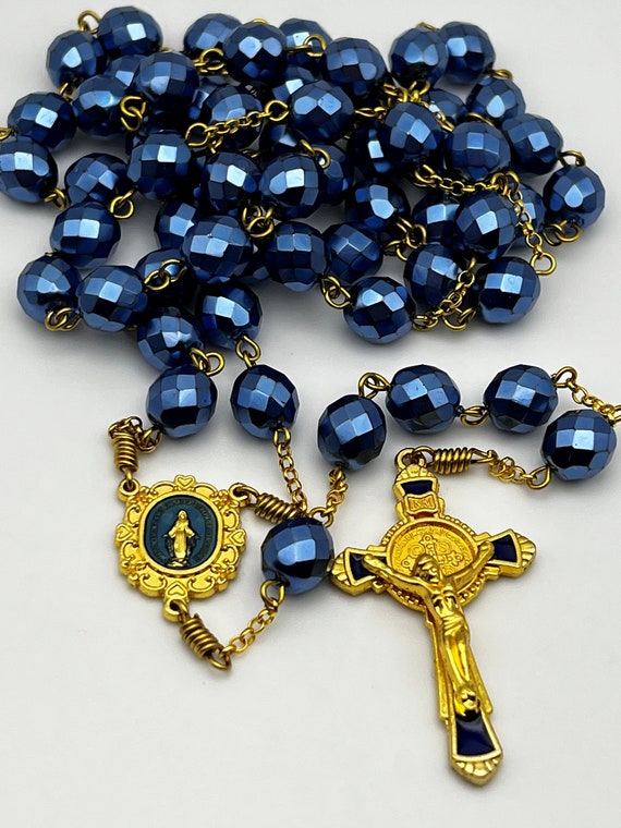 28" blue faceted rosary with enamel center/crucifix set