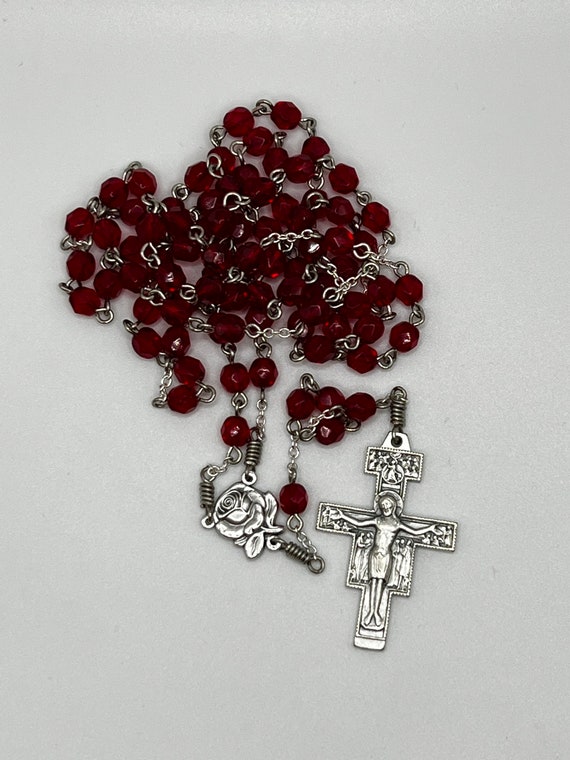 25.5" red glass bead 7 decade Franciscan Crown rosary