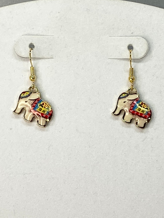 Gold enamel elephant drop earrings