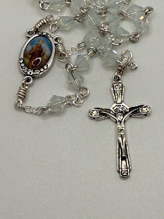 26.5" white opal crystal bead 7 decade crown rosary with St Francis center and Orthodox blessing crucufix