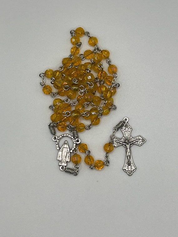 19.5" honey glass bead rosary with IHM center and grapes crucifix