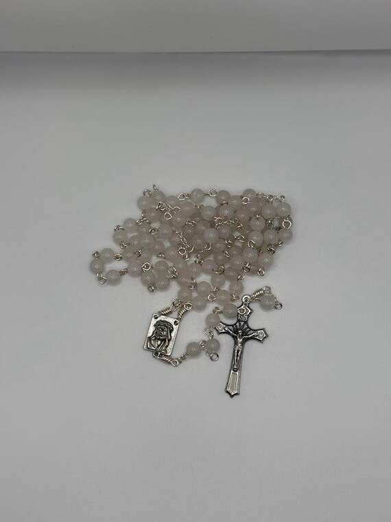 27" white quartz bead crown rosary