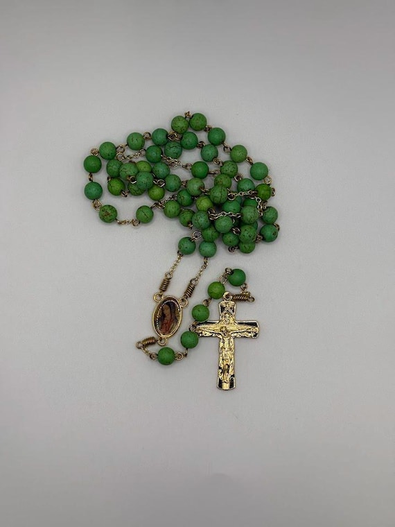 23.5" green howlite bead rosary with Our Lady of Guadalupe enamel center and Holy Trinity crucifix