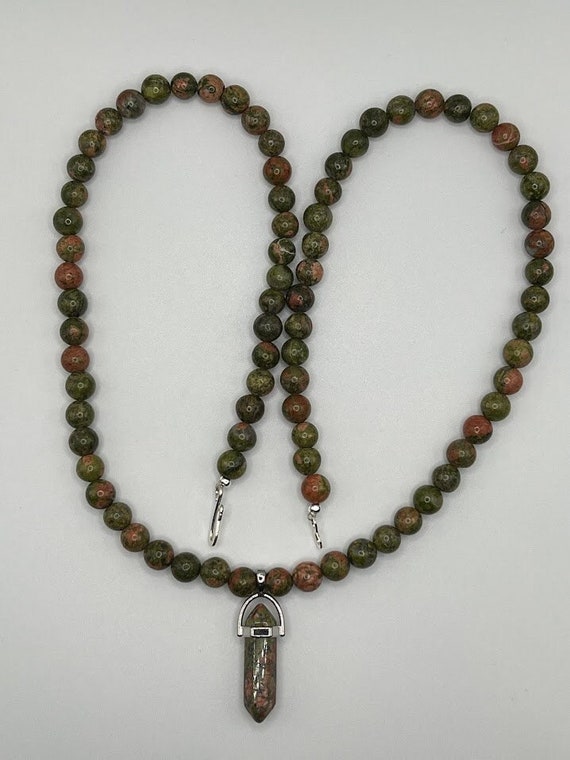 26" unakite beaded necklace with point