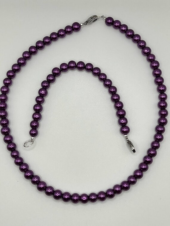 Plum purple glass pearl necklace and bracelet set