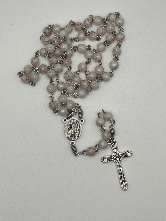 18" white with brown marbling glass bead rosary with JPII center Serve and Protect crucifix