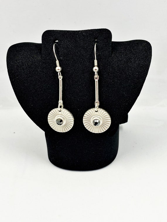 2" silver drop earrings with black crystal accent