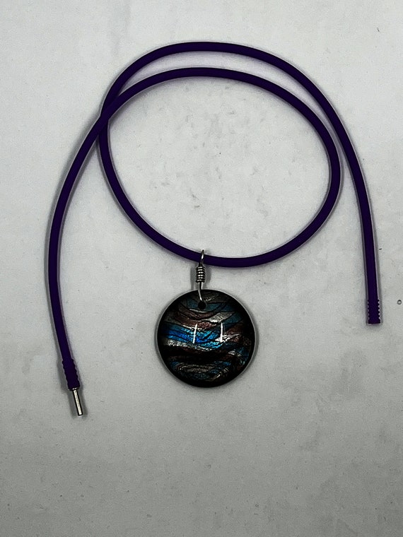 20" purple, silver, and blue lampwork glass pendant on purple rubber cord