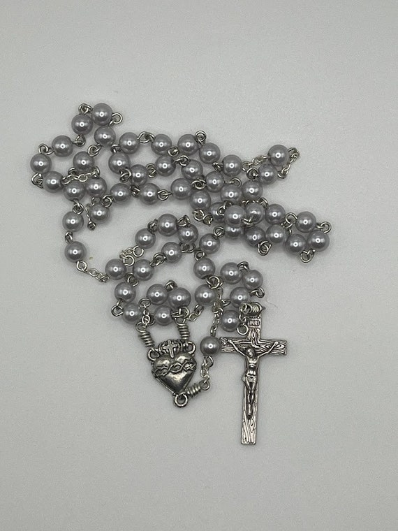 19" gray pearl bead rosary with Sacred Heart center and woodgrain crucifix