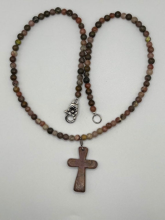 24" rhodonite cross pendant with beaded necklace