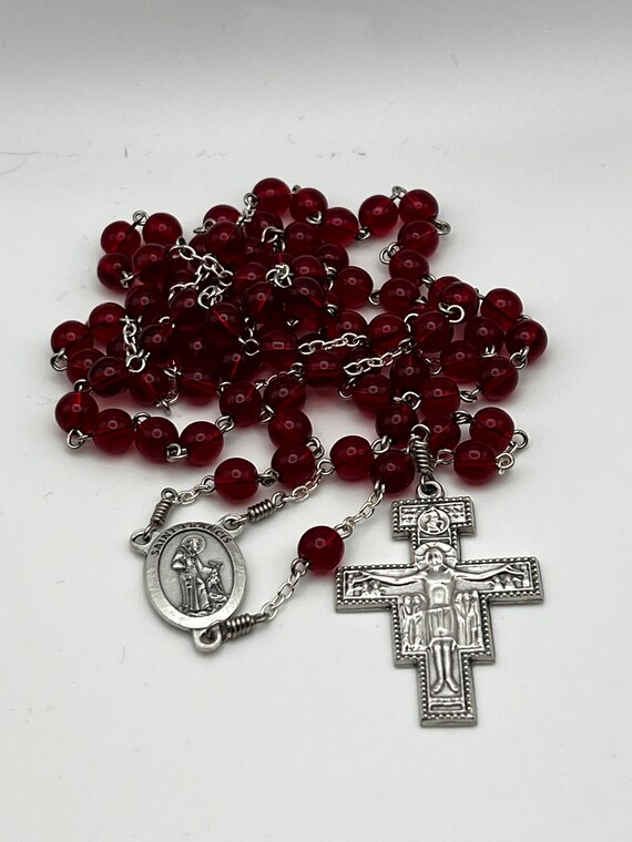 28.5" red glass 7 decade Franciscan Crown rosary