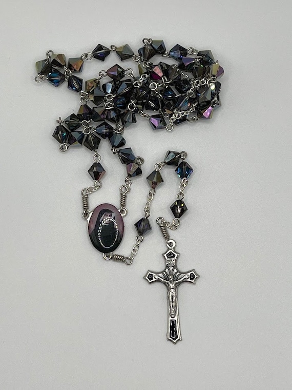 24" heliotrope Swarovski crystal rosary with Sr Faustina center and black enamel crucifix