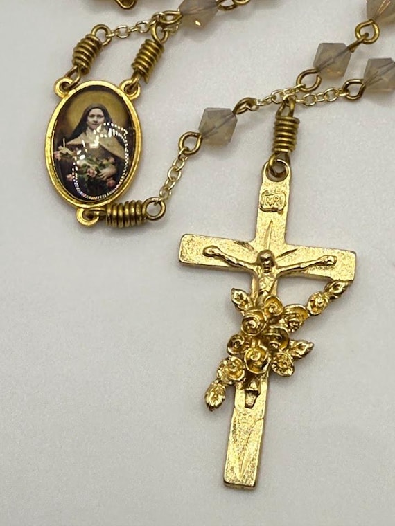 22" Swarovski crystal sand opal bead rosary with St Therese of Lisieux center and crucifix