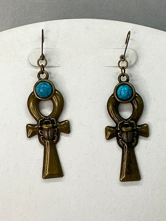 Ankh with turquoise accent drop earrings