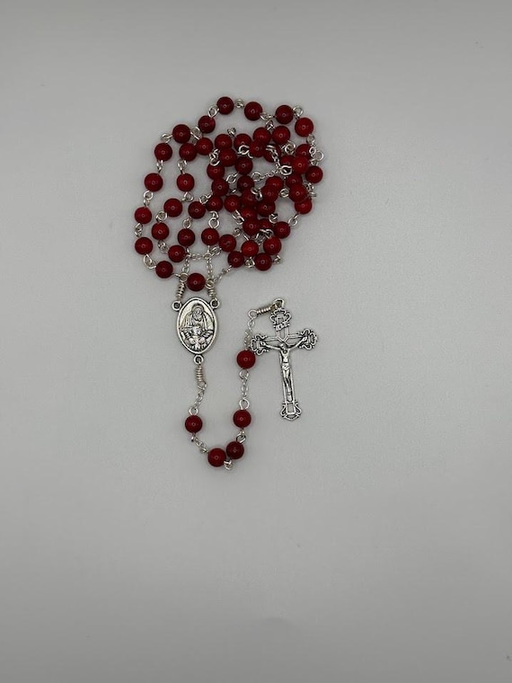 21" red riverstone bead rosary with God the Creator center and open crucifix