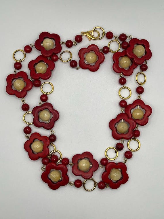 38" red howlite/golden calcite flower necklace