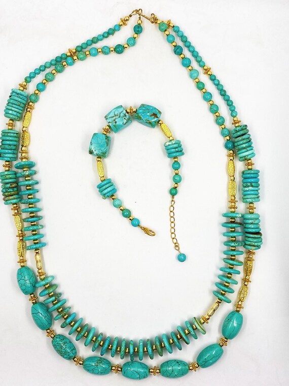 25" double strand turquoise and gold necklace and bracelet set