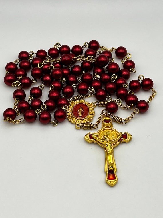24.5" red pearl and enamel rosary
