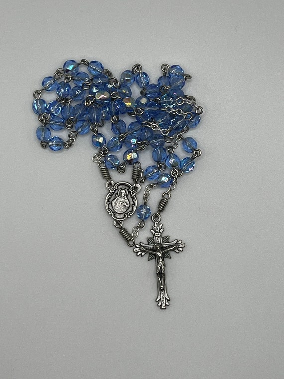 20" blue glass bead rosary with Sacred Heart center and sunburst crucifix