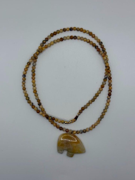 26" crazy lace agate beaded necklace with hand carved bear accent