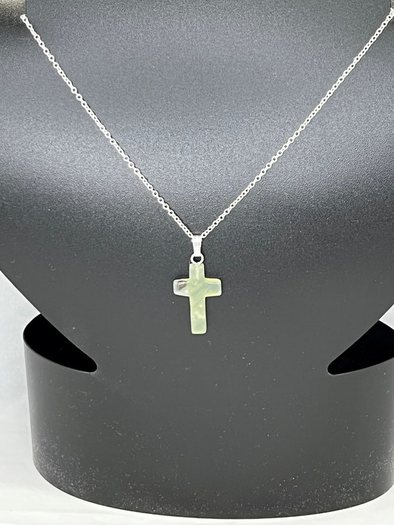 20" prehnite cross pendant on silver chain with lobster clasp