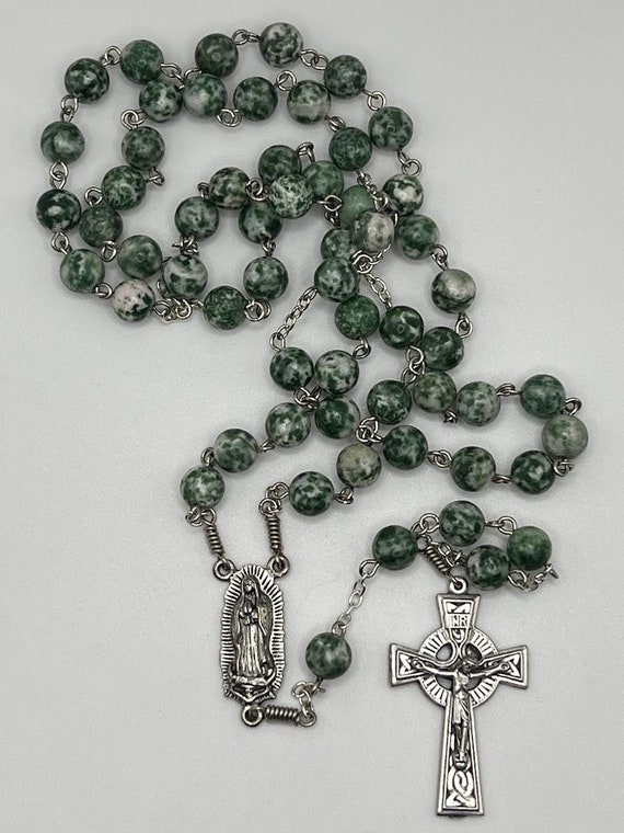 25" tree agate bead rosary with Our Lady of Guadalupe center and Celtic crucifix