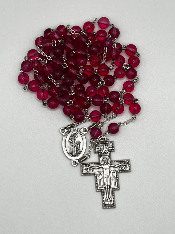 30" berry pink glass bead 7 decade Franciscan Crown rosary