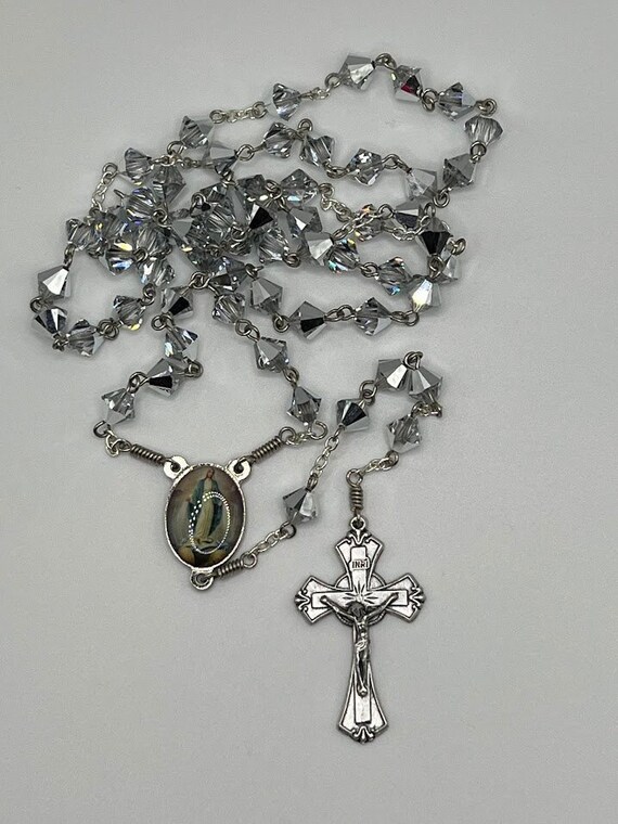 24.5" silver/clear Swarovski crystal bead rosary with IHM center and lily crucifix