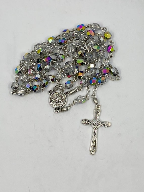 20" silver vitrial coated crystal bead rosary with Padre Pio center