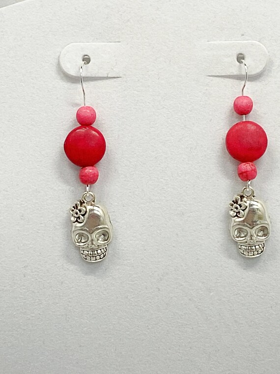 2" pink, yellow, or green skull with flower charm earrings