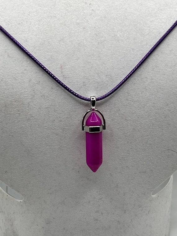 18" dark pink glass pendant on purple cord with silver lobster clasp and 2" extender